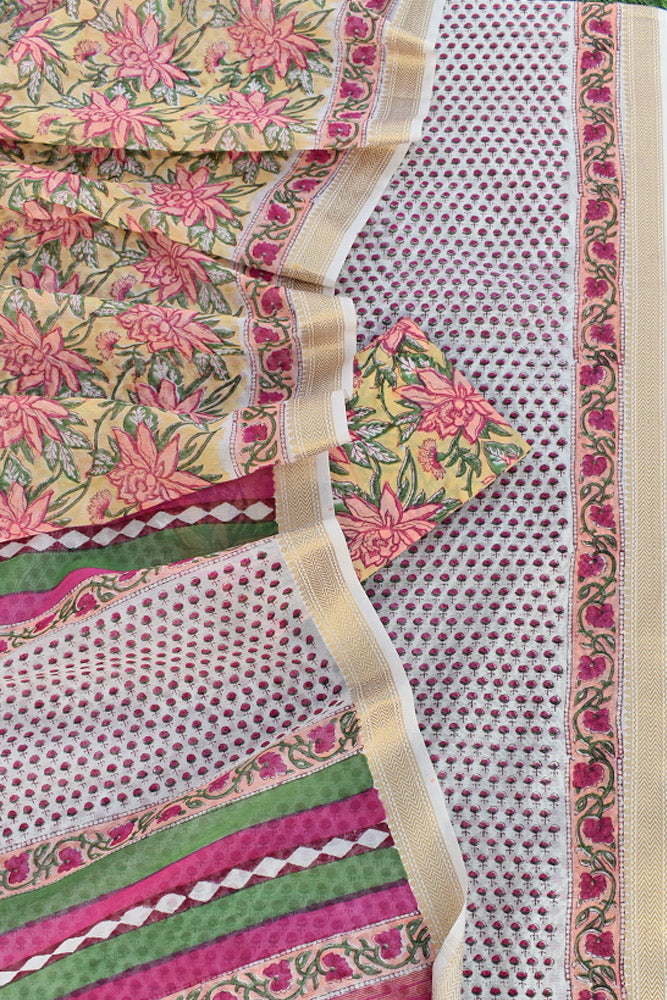 Peach - 2pc Maheshwari Silk Handloom Unstitched Suit Material Set with Zari Border