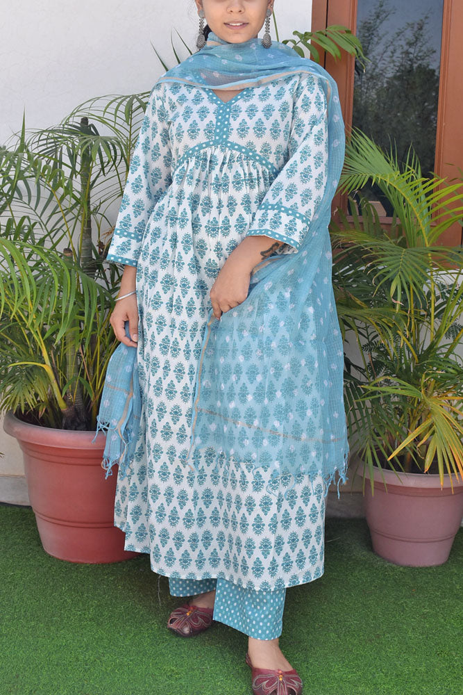 Beautiful Alia Cut Kalidaar Cotton suit with Bandhani Kota dupatta - Kurta , Dupatta & Palazzo - Size - 38, 40, 42, 44