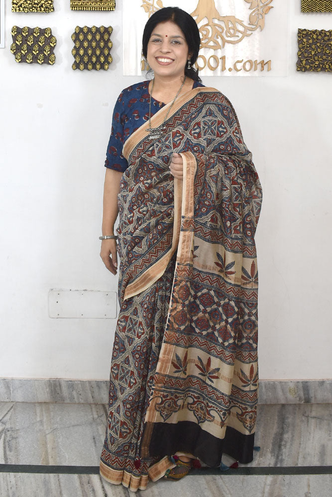 Elegant & Earthy Hand Block Printed Ajrakh Maheshwari Saree
