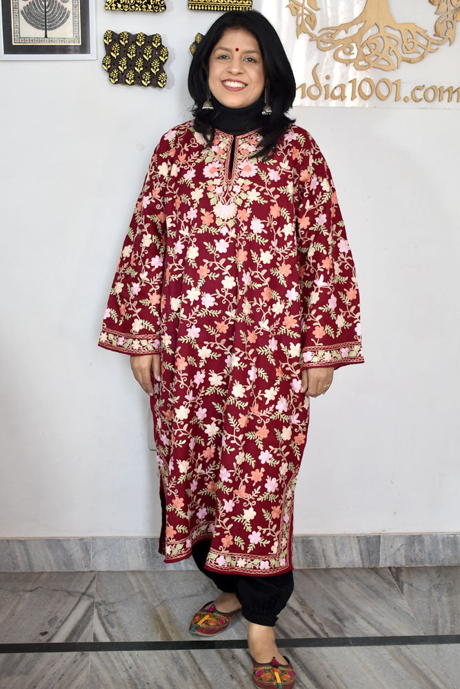 Kashmiri Wool Aari Embroidered Solid Women's Pheran Kurta -  NO.1