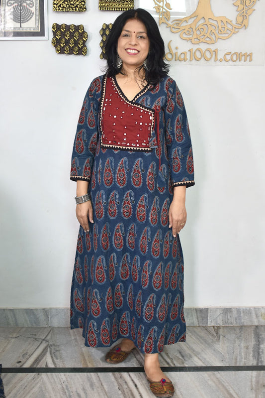 Designer Hand Block Printed Ajrakh cotton Kurta with Kutch Mirror work