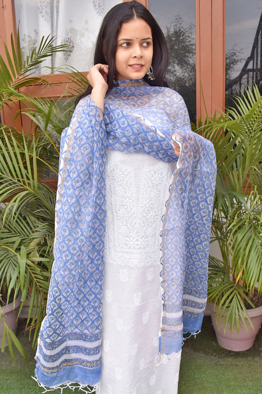 Elegant Lucknowi Chikankari Hand Embroidery work  & Block print Unstitched Suit - 3 pc set