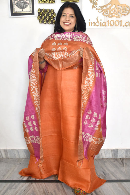 Beautiful Hand Block printed Tussar Silk Kurta Dupatta Set