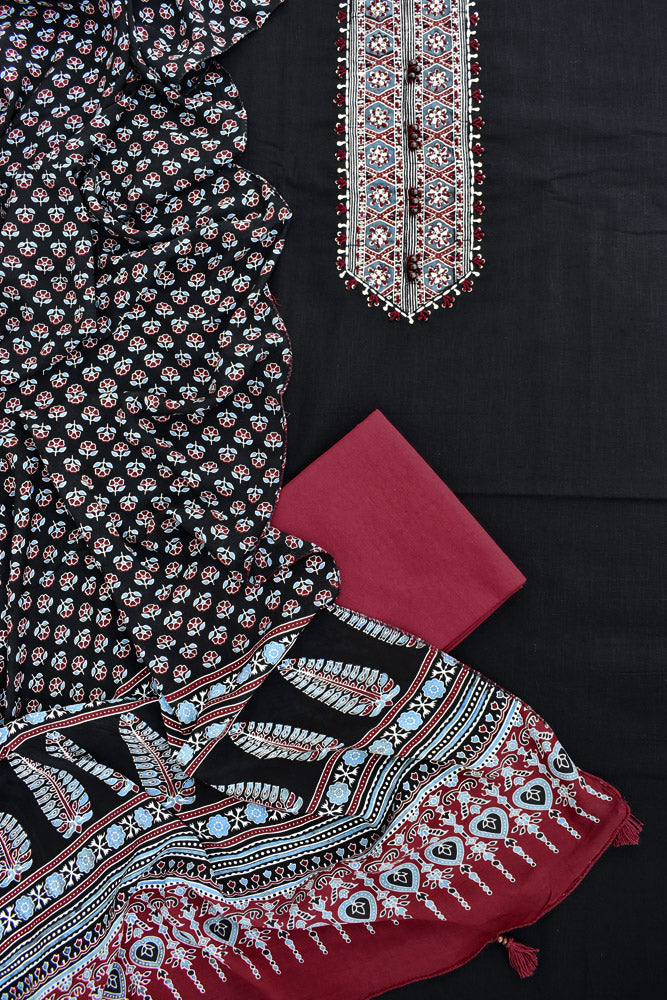 Premium Cotton Unstitched Suit with Ajrakh patch, Intricate Hand Embroidery & barmer Ajrakh Muslin dupatta