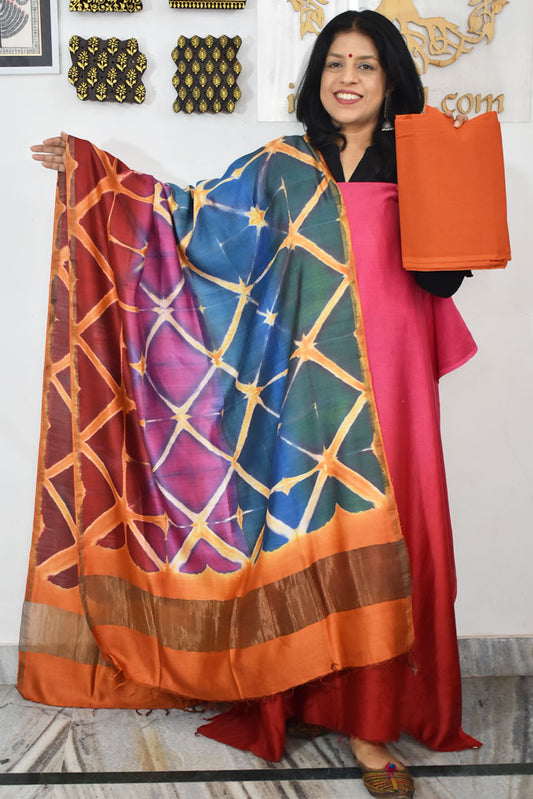 Designer chanderi suit with Clamp Dye dupatta