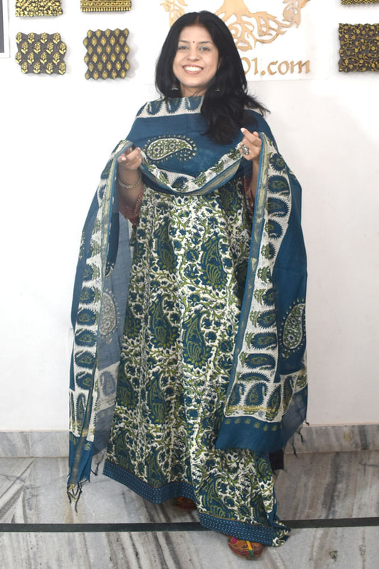 Elegant Hand Block print cotton suit with Schiffli work & Chanderi dupatta