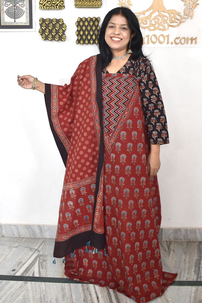 Designer Ajrakh Cotton kurta with Stole & Cotton Bottom - 3 piece set