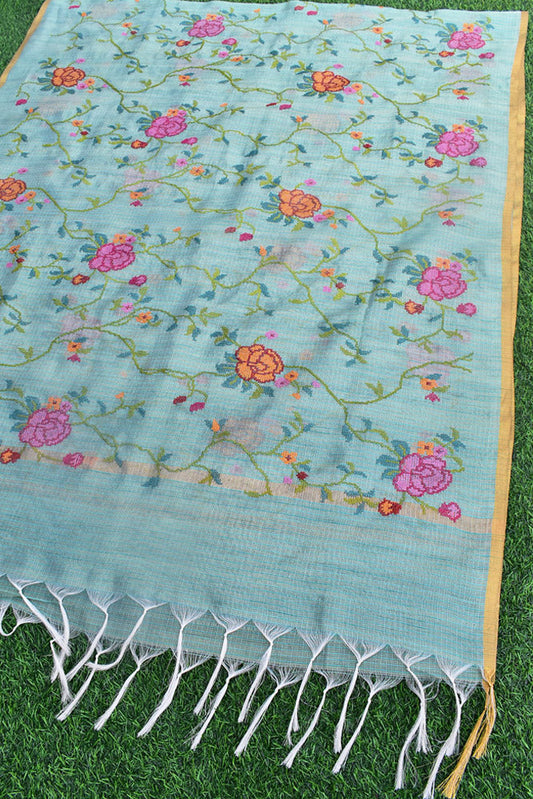 Elegant Kota Tissue dupatta with All over Cross Stitch Embroidery - sea green