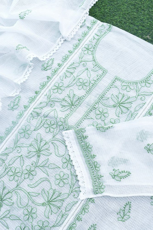 Elegant Kota Kurta & Dupatta Set with intricate Lucknowi Hand Chikankari embroidery - thread color green