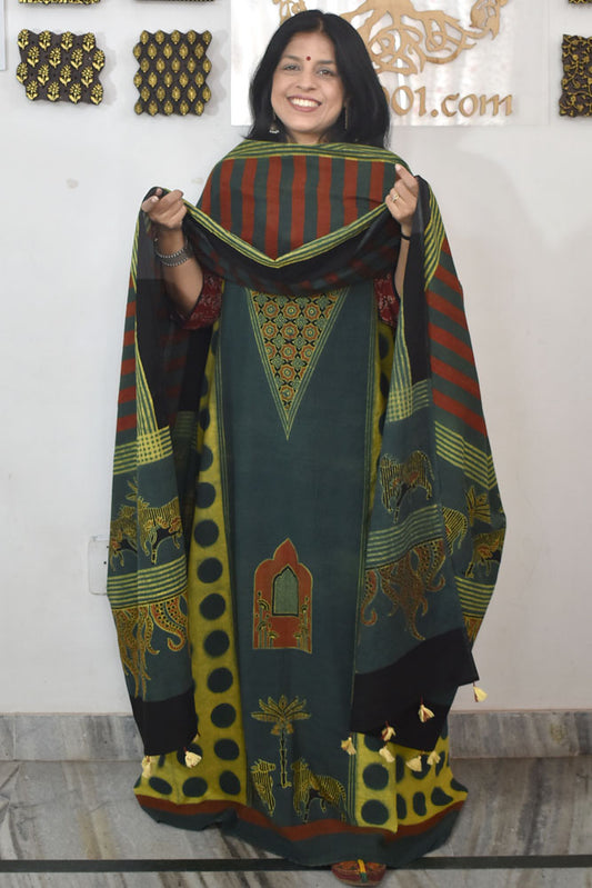 Designer Ajrakh Cotton Unstitched suit with  panel design, Ajrakh Dupatta - 2 piece set