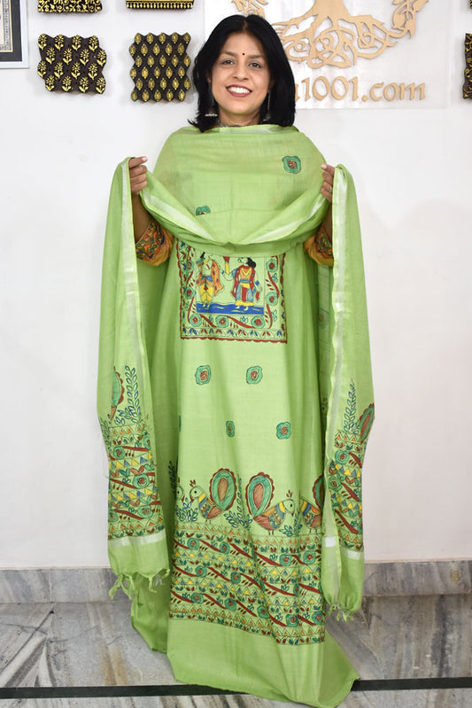 Slub Cotton suit with Hand Painted Madhubani Art patterns