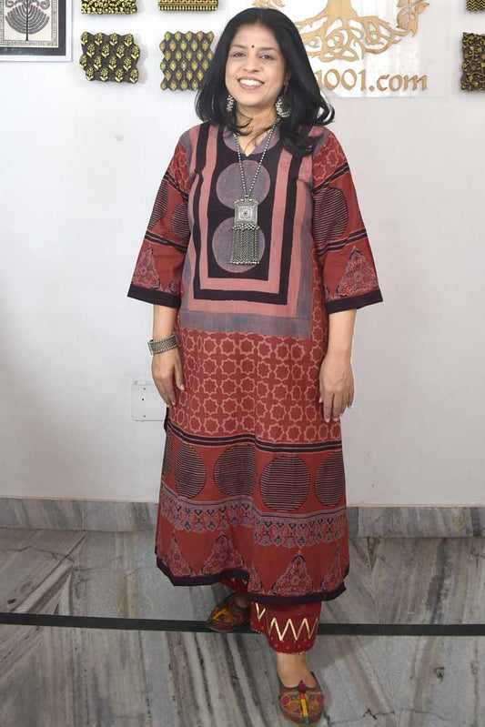 Designer Hand Block Printed Ajrakh cotton Kurta / Dress - Size 36 to 48( all sizes)