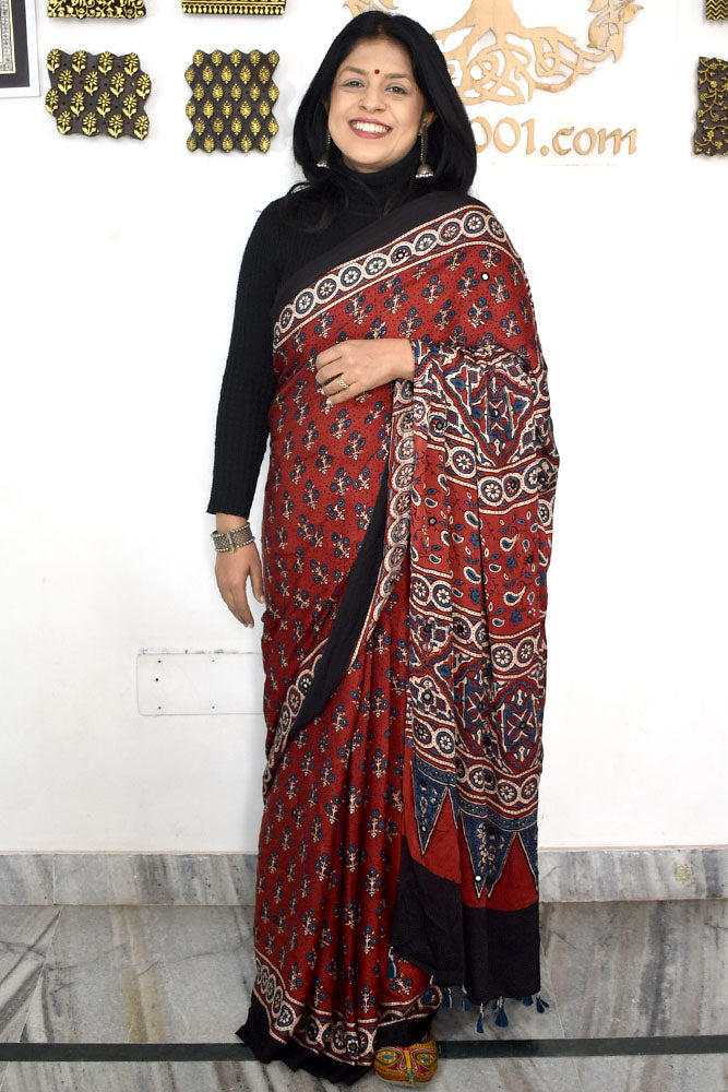 Elegant Hand Block Printed Ajrakh Modal Silk Saree with Mirror Work & tassels