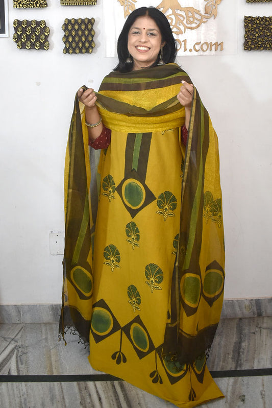 Designer Ajrakh Cotton Unstitched suit with Kota Silk Dupatta & Cotton Bottom - 3 piece set