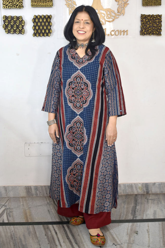 Designer Hand Block Printed Ajrakh cotton Kurta With Mirror Work - Size 38 to 46 ( all sizes)