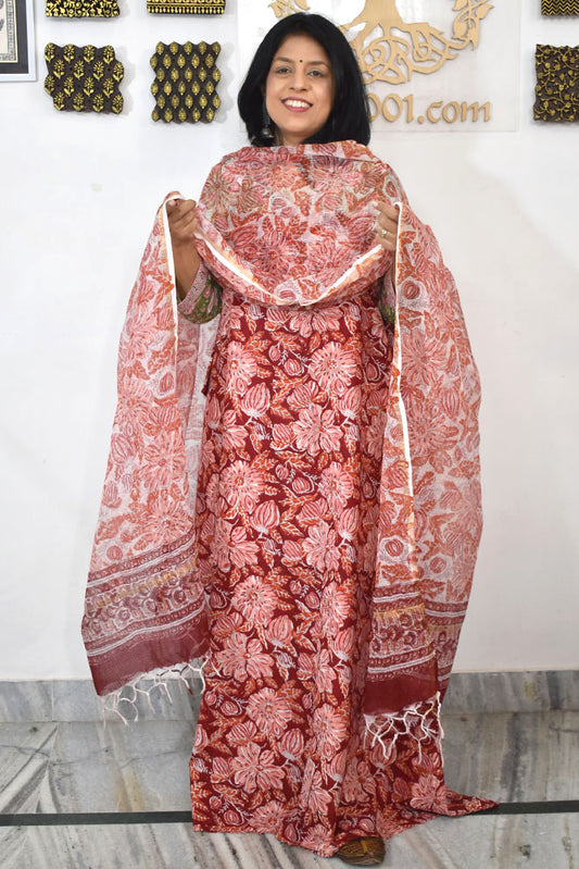 Beautiful Hand Block Printed Cotton unstitched suit fabric with Kota Doria Dupatta