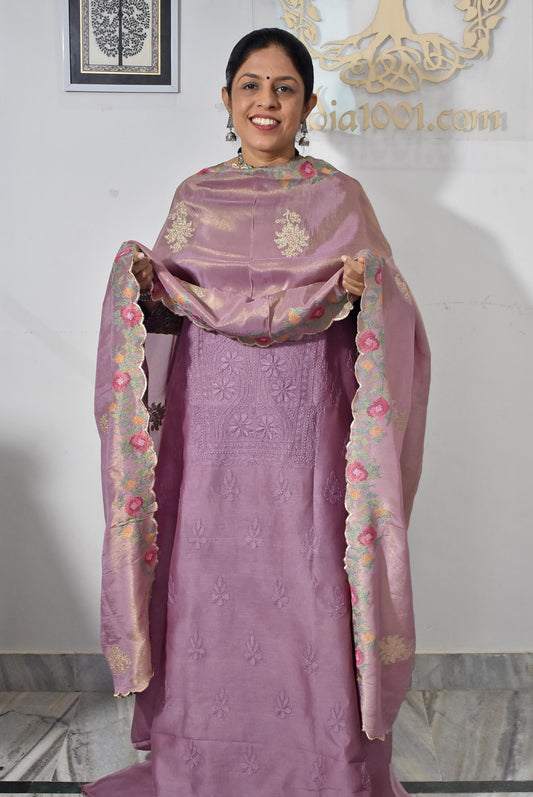Exquisite Hand Chikankari Chanderi Kurta Fabric with Embroidered Georgette Tissue Dupatta  & cotton bottom