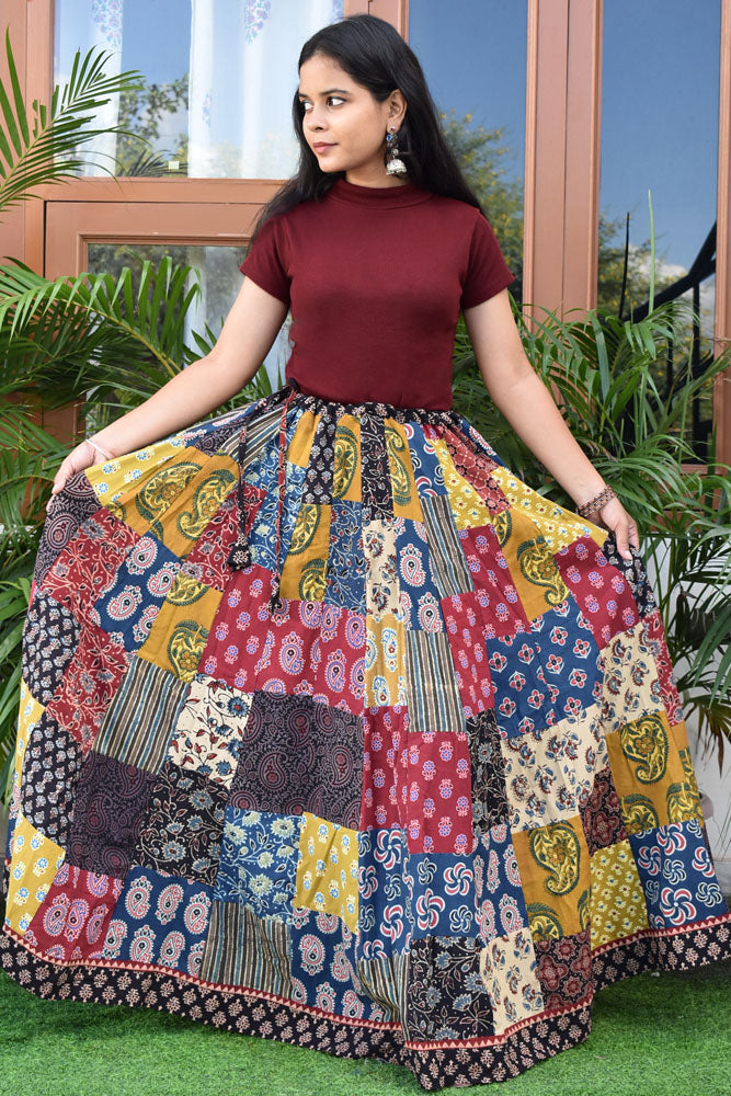 Beautiful Ajrakh Hand Block Printed Patch Work Cotton Long Skirt with Stitched borders