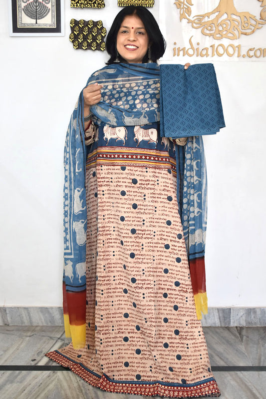 Designer Hand Block printed Cotton suit with chiffon dupatta