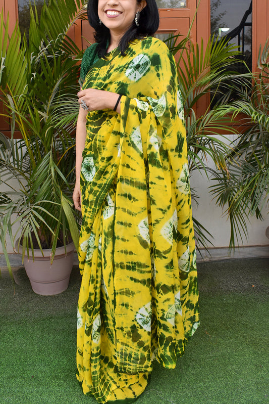 Semi Organza Saree with Hand Tie Dye work