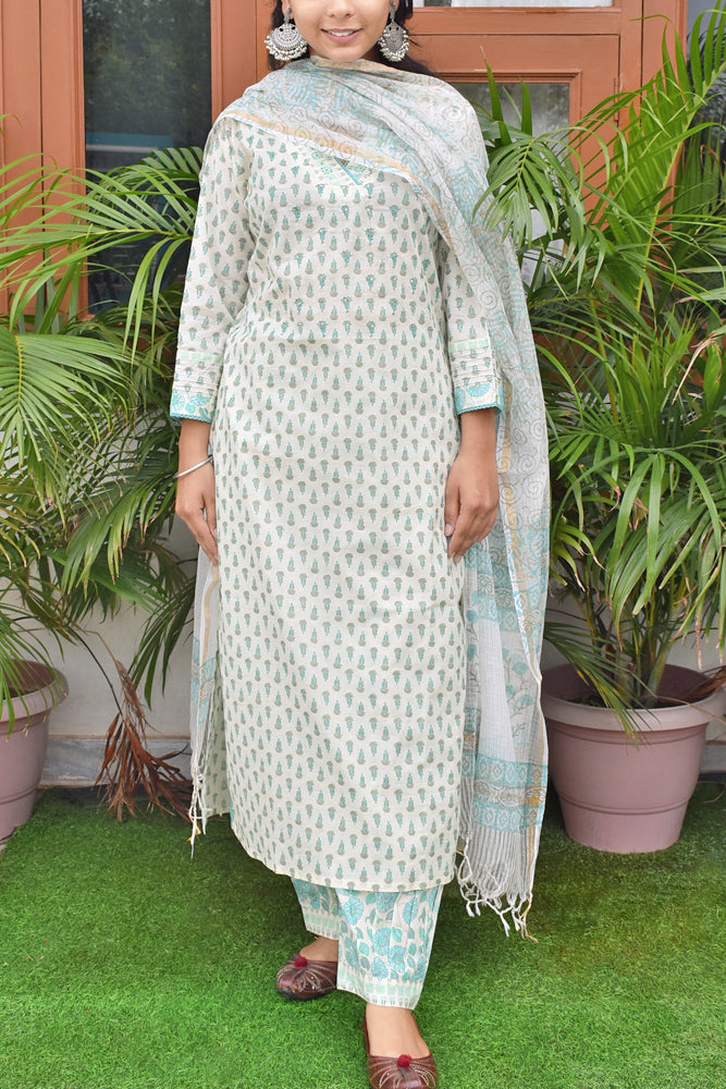 Hand Block Printed & Hand Embroidered Cotton suit with Afghani pant - Kurta , Dupatta & Pant - Size 38, 40, 42 ,44 