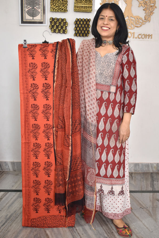 Classic Bagh Block Printed unstitched suit fabric with Kota Doria dupatta