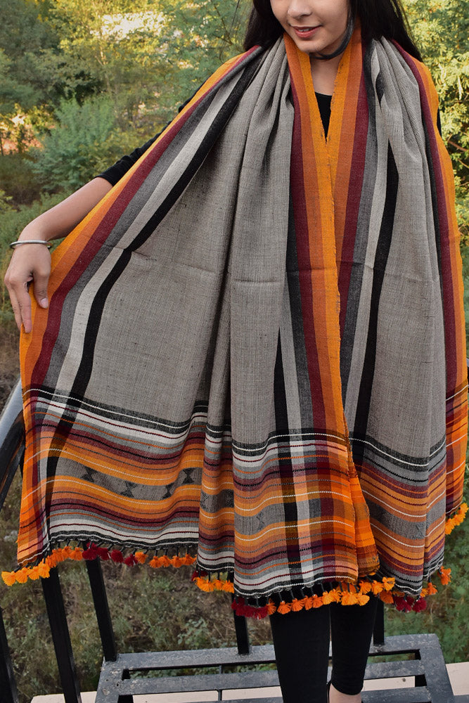 Unique, Warm Handwoven Bhujodi Handwoven Pure Wool shawl with tassels - Unisex Shawls
