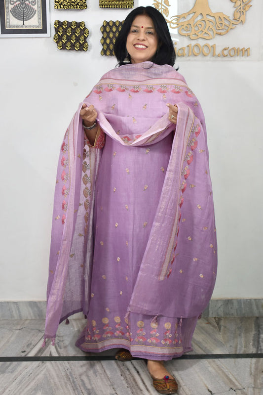 Beautiful Pure Linen suit with intricate embroidery on the kurta & dupatta and cotton silk bottom