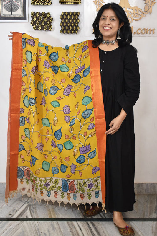 Beautiful Bangalore Cotton Silk Hand Painted Kalamkari Dupatta