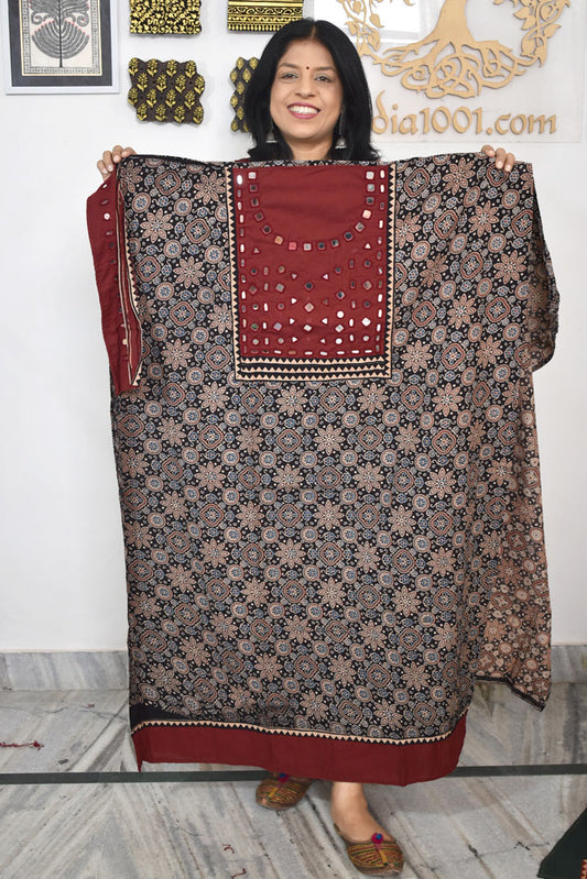 Designer Ajrakh Cotton Kurta Fabric with Kutch Mirror Work patch