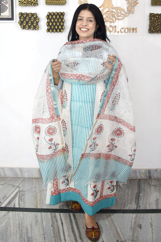 Designer Hand Block Print Cotton suit with Chanderi dupatta