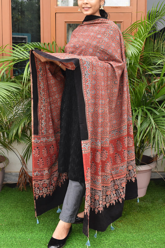 Ajrakh Hand Block Printed Cotton Dupatta with Tassels with natural dyes