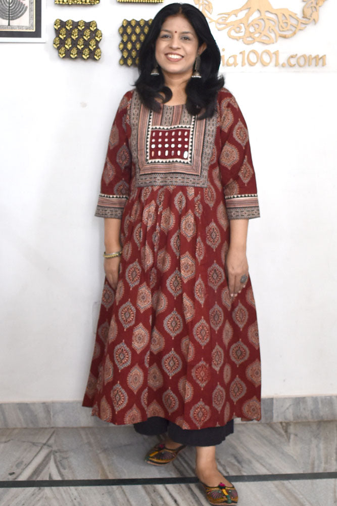 Designer Hand Block Printed Ajrakh cotton Kurta With Mirror Work - Size 38 to 46 ( all sizes)