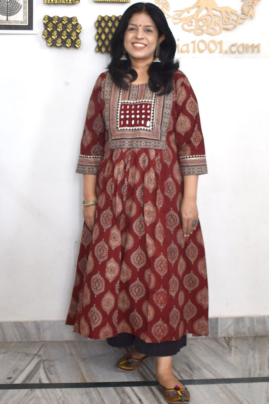 Designer Hand Block Printed Ajrakh cotton Kurta With Mirror Work - Size 38 to 46 ( all sizes)