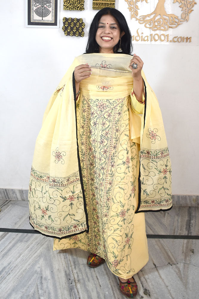 Elegant Kantha Work Cotton unstitched suit fabric with embroidery