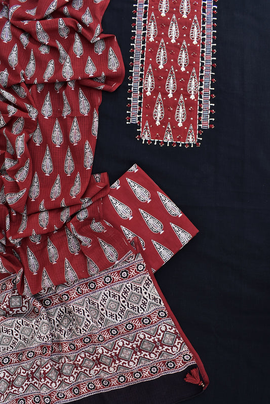 Premium Cotton Unstitched Suit with Ajrakh patch, Intricate Hand Embroidery & barmer Ajrakh dupatta