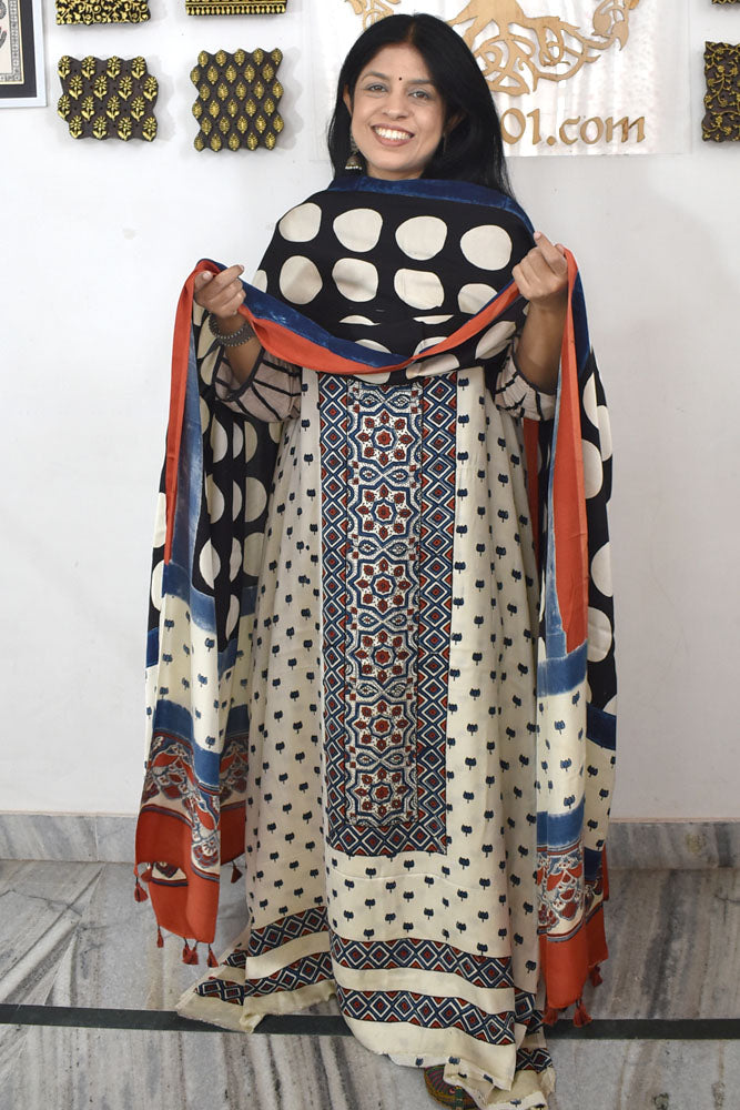 Designer Ajrakh Modal Silk Unstitched suit with  panel design & Ajrakh Dupatta- 2 piece set