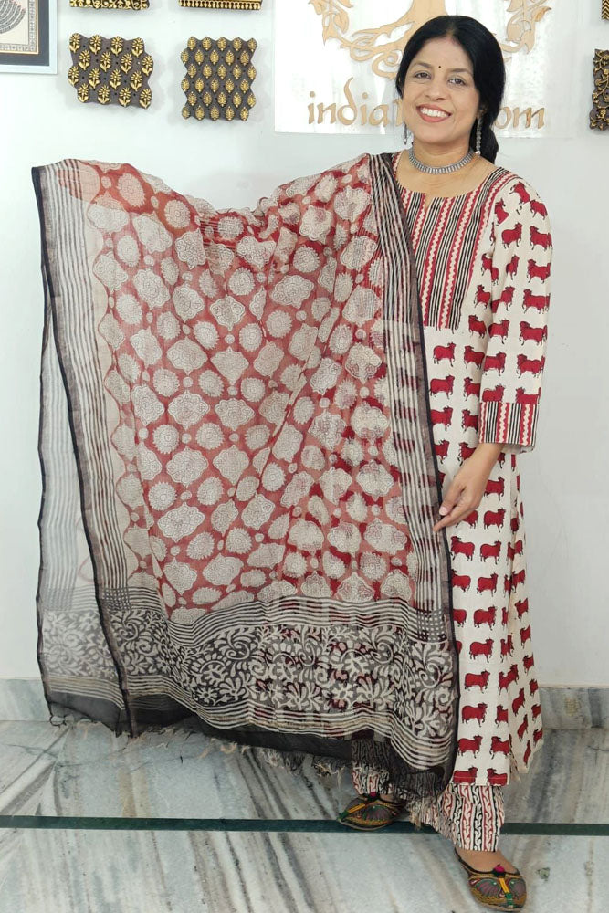 Hand Block Printed Kota Doria Cotton Dupatta
