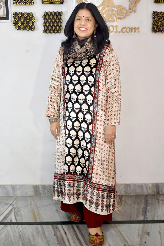 Beautiful Ajrakh Velvet Hand Block Print kurta , Size 38 to 46