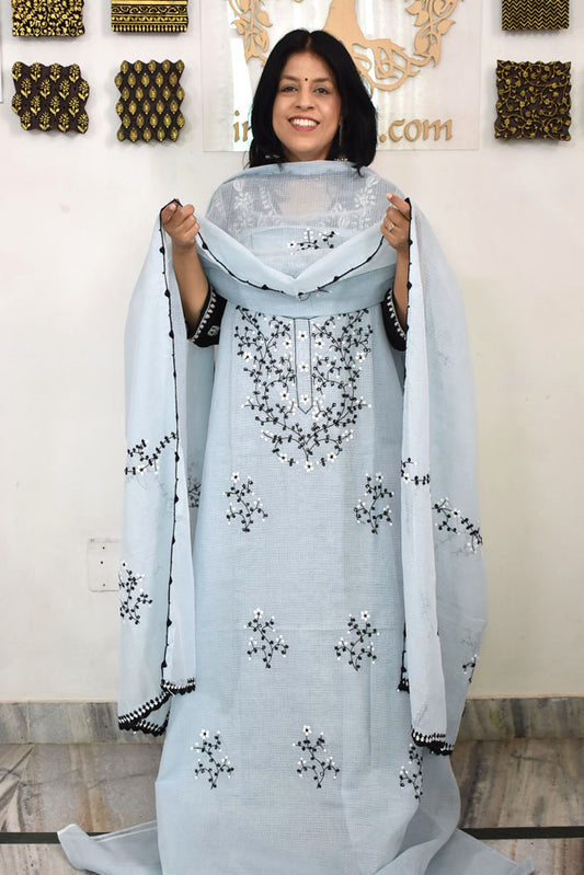 Elegant Kota Unstitched Kurta & Dupatta set with Hand done Phool patti work and Applique border