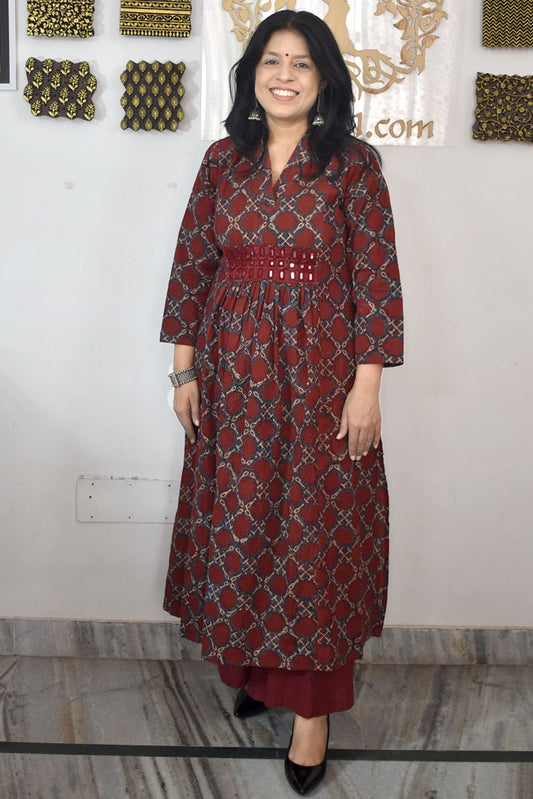 Designer Hand Block Printed Ajrakh cotton Kurta With Mirror Work - Size 38 to 48 ( all sizes)