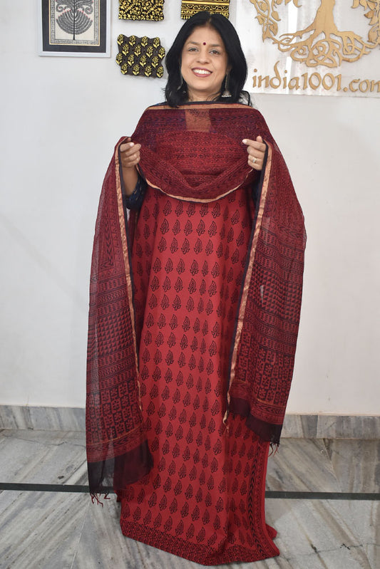 Classic Bagh Block Printed unstitched suit fabric with Kota Doria dupatta