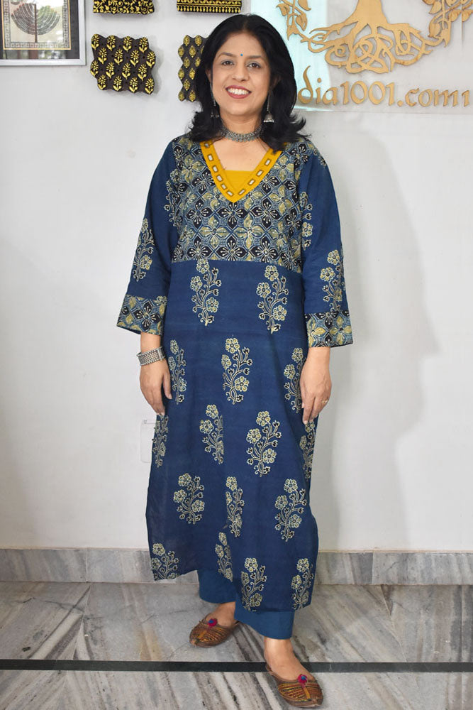 Beautiful Hand Block Printed Ajrakh Cotton kurta with Kutch Mirror work , Size 38 to 46