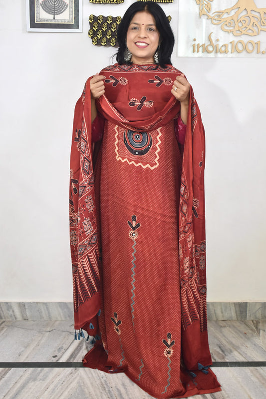 Designer Ajrakh Modal Silk kurta with  panel design & Mirror work & modal silk dupatta - 2 piece set