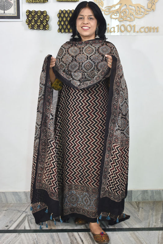 Ajrakh Hand Block Print Georgette Dupatta & Georgette Kurta Fabric
