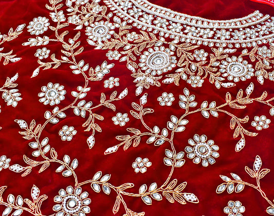 Red -Velvet Fabric with Heavy Hand Zardozi, Pearl, Dabka & Kundan Work  Embroidery