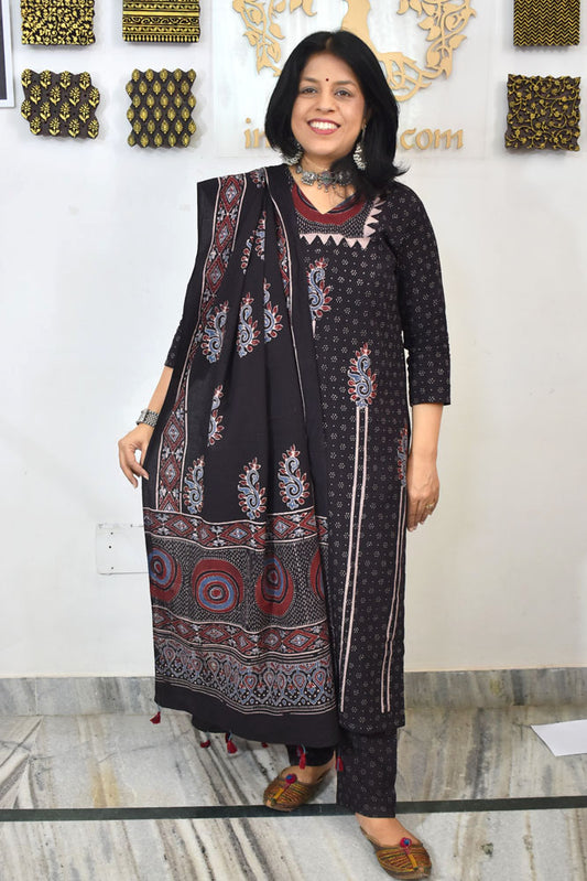 Designer Hand Block print Ajrakh Cotton suit with Full width Cotton Dupatta  - Size 38 to 46