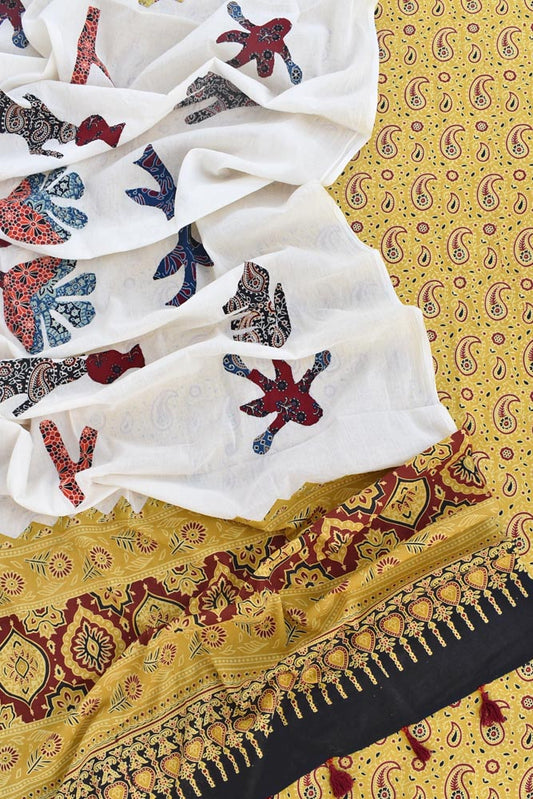 Beautiful Ajrakh kurta fabric with Hand Patch work dupatta