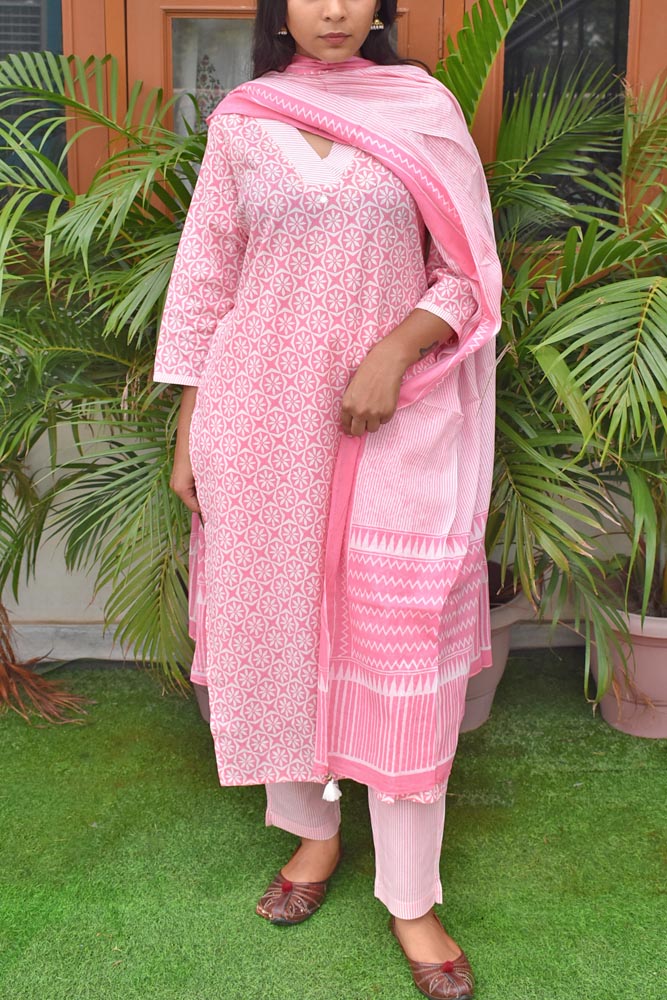 Hand Block Printed Cotton suit with Hand Embroidery & Sequins work- Kurta , Mul cotton Dupatta & Pant - size 36, 38, 40, 42, 44