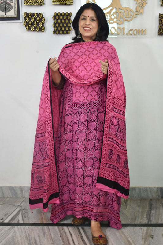 Bagh Hand Block Print Georgette Dupatta & Georgette Kurta Fabric With Cotton Bottom